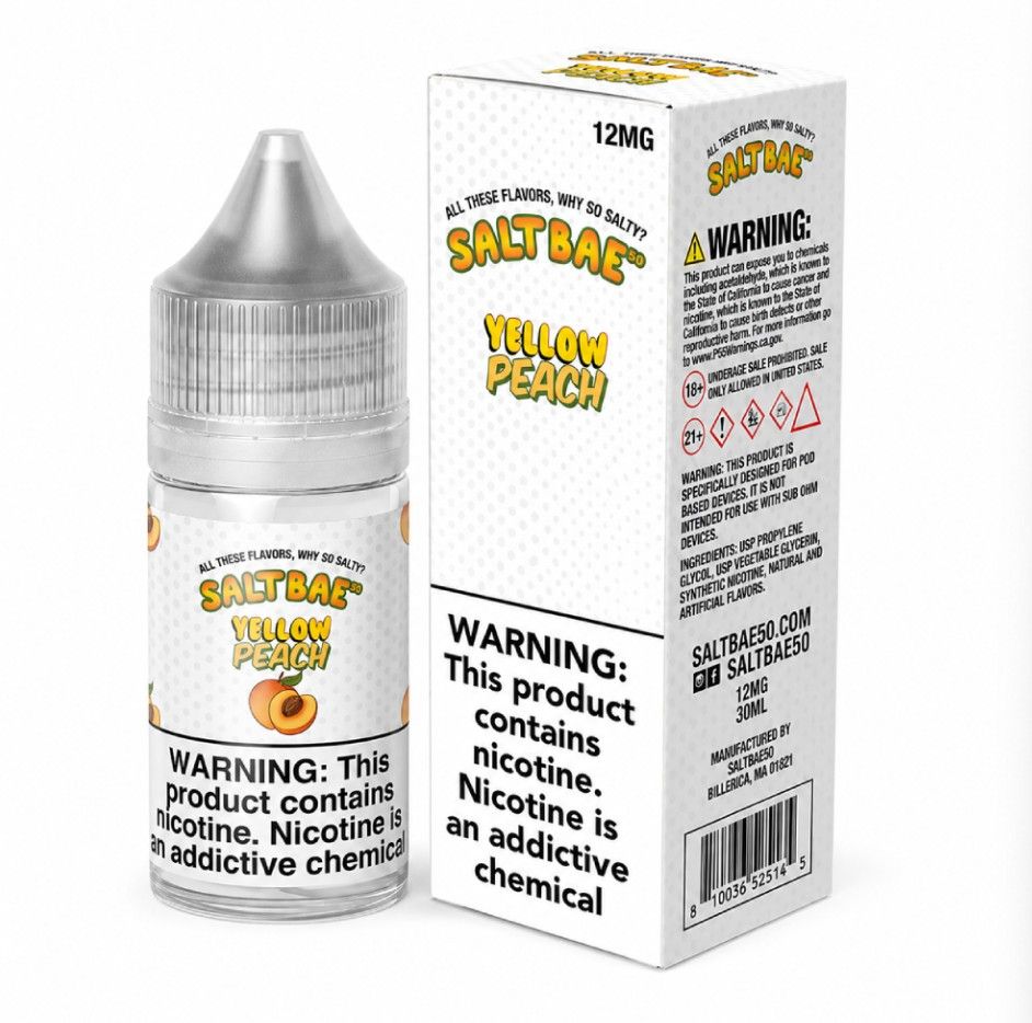 Yellow Peach Salt Bae 50 Salts 30mL 12mg with packaging