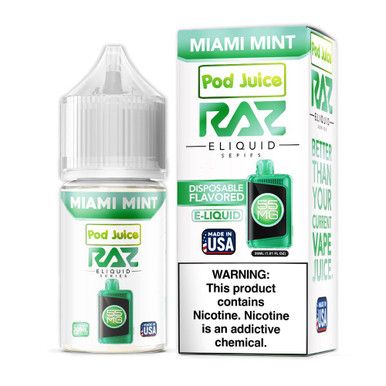 Miami Mint Pod Juice x RAZ Salts 30ml with Packaging