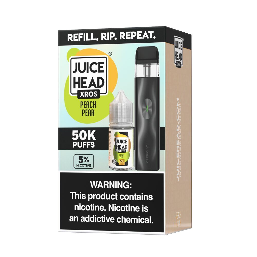 Vaporesso XROS 4 Mini Pod System + Juice Head Salts 30mL Collab Set Peach Pear packaging