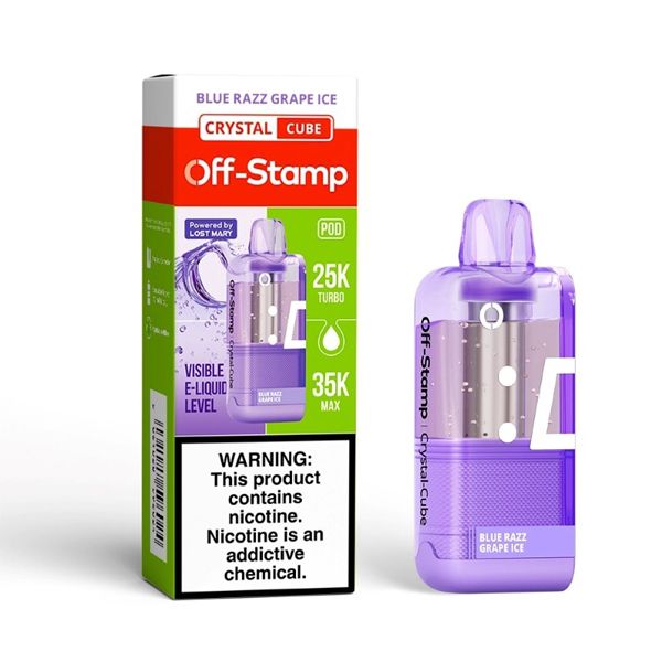 Off Stamp X Cube Crystal 35K Disposable Pod Blue Razz Grape Ice with packaging
