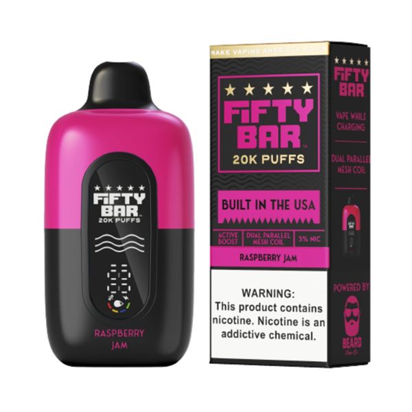 Fifty Bar V2 20K Disposable Raspberry Jam with packaging
