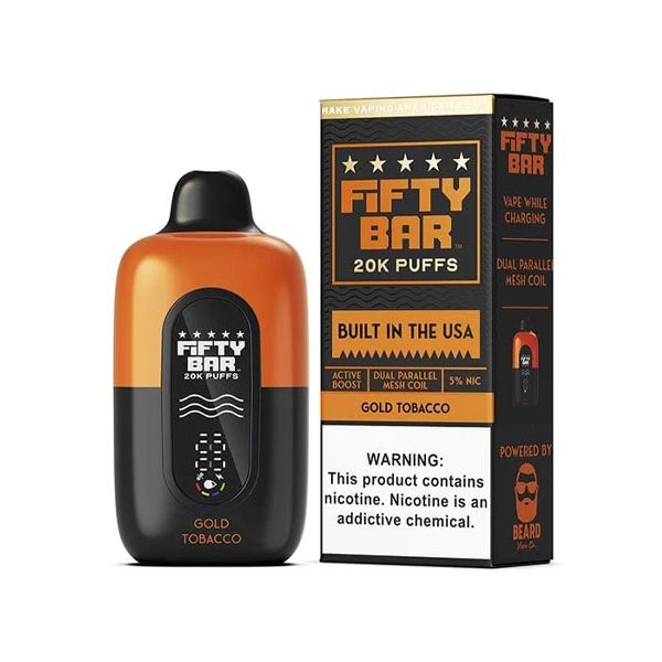 Fifty Bar V2 20K Disposable Gold Tobacco with packaging