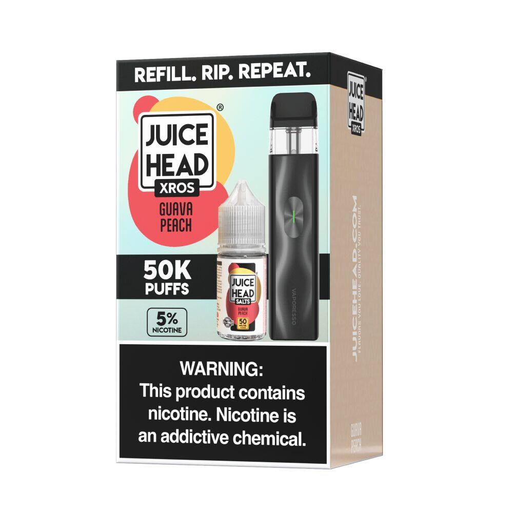 Vaporesso XROS 4 Mini Pod System + Juice Head Salts 30mL Collab Set Guava Peach packaging