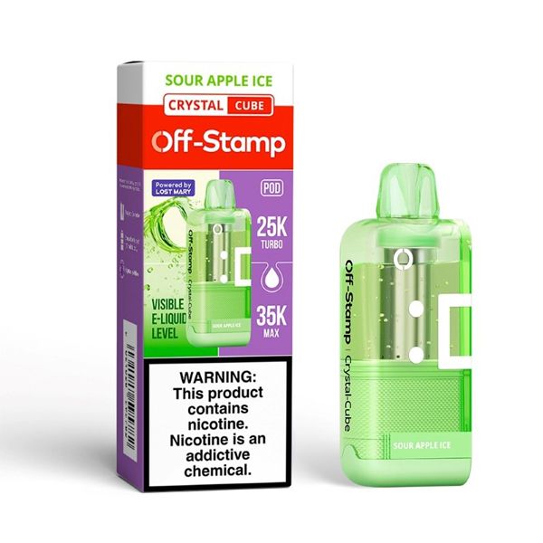 Off Stamp X Cube Crystal 35K Disposable Pod Sour Apple Ice with packaging
