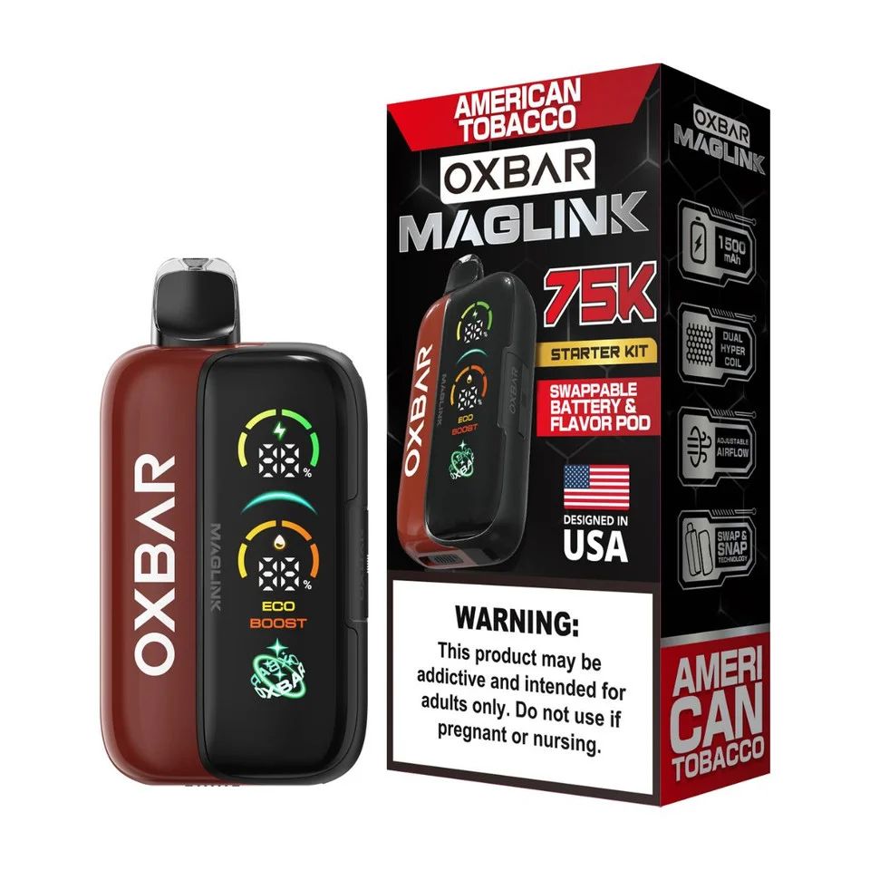 Oxbar Maglink Starter Kit Nixodine 75K Disposable American Tobacco with packaging
